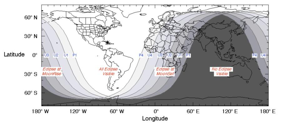 A map showing the regions that can view the Jan. 21, 2019, total lunar eclipse. <cite>Espenak/Meeus/NASA/GSFC</cite>